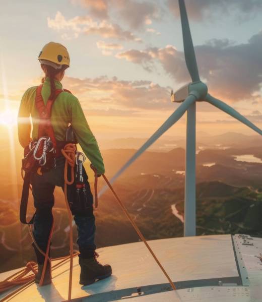 Engineers and workers wearing safety close-up harnesses work on wind turbines in maintenance Engineers and workers wearing safety close-up harnesses work on wind turbines in maintenance